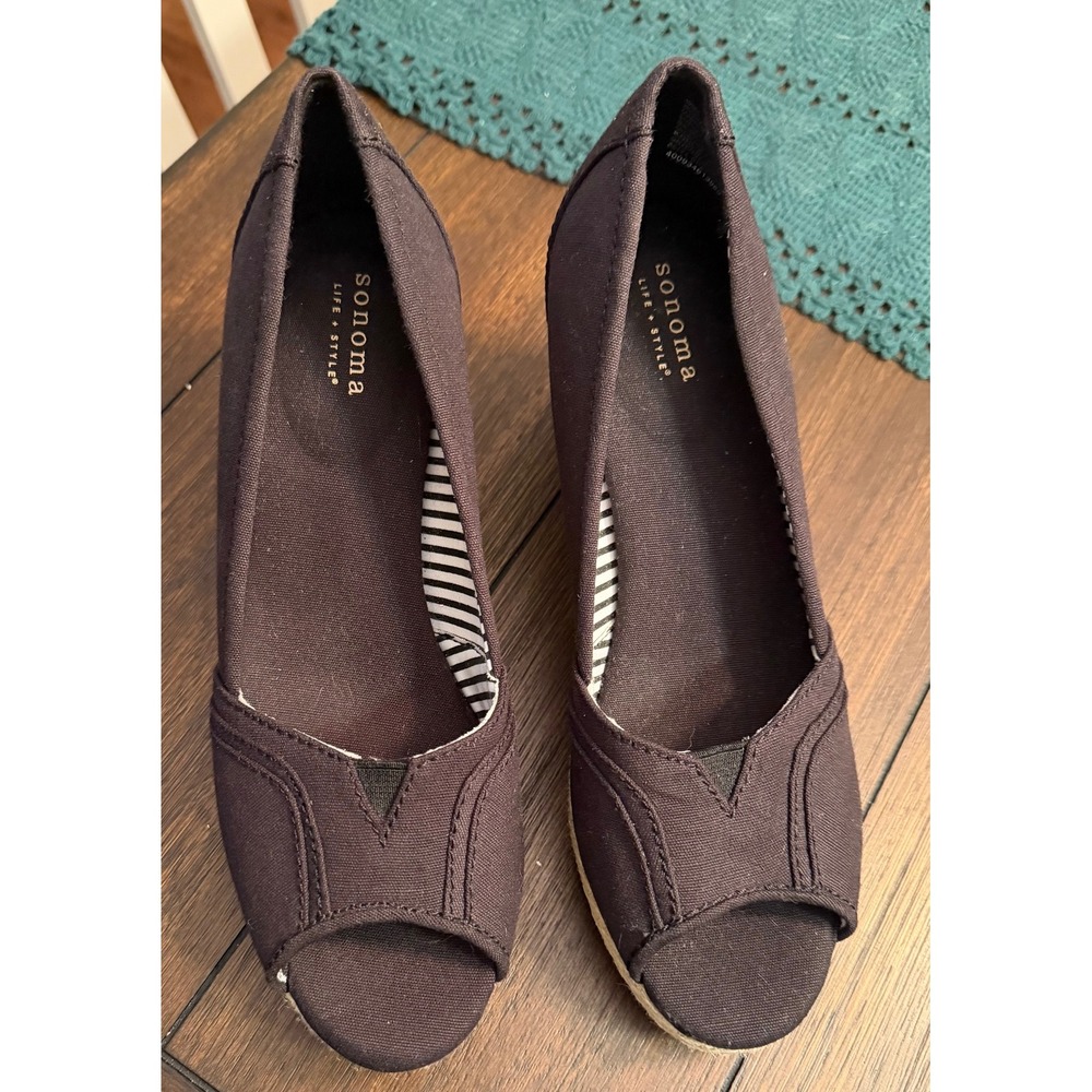 Sonoma Life + Style Womens 7.5 M Black Canvas Espadrille Peep Toe Wedge Sandals